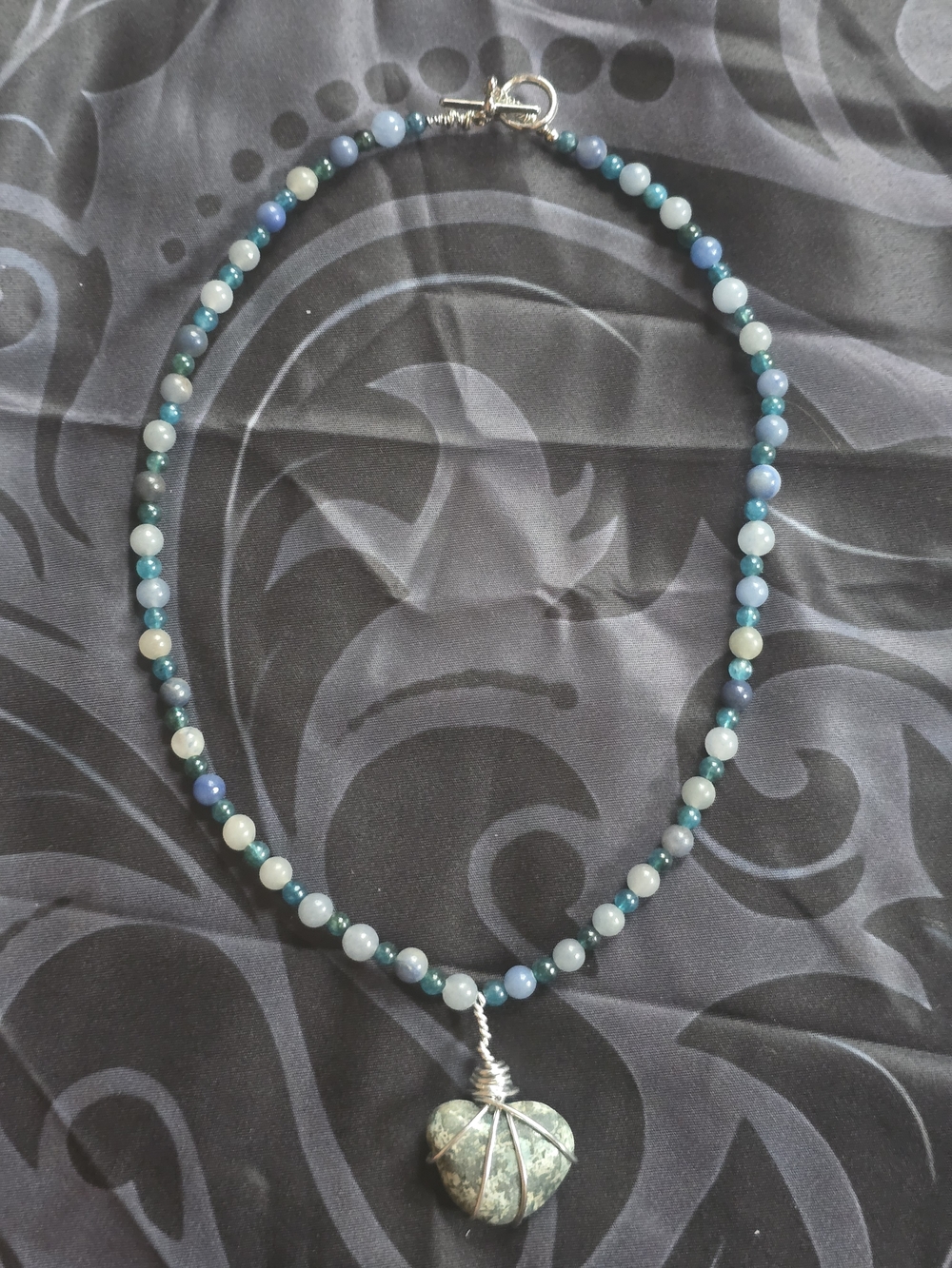 Beaded Blue-Green Stone Pendant Necklace - Heart Drop